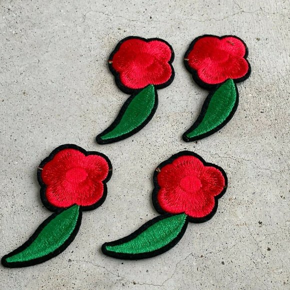 Red Flower With Green Leaf Patches Iron On Embroidery Applique Patches Lot of 4 - Picture 8 of 9